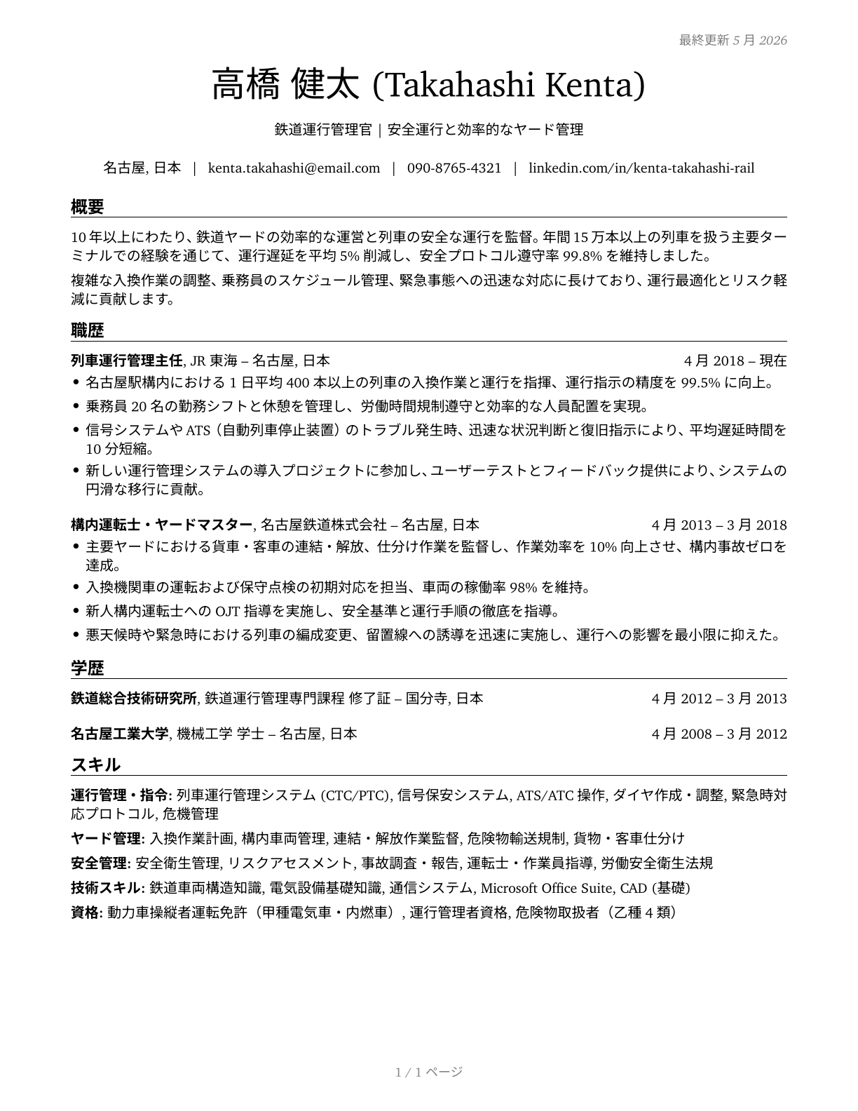 Railroad Conductors and Yardmasters CV in Japanese — page 1