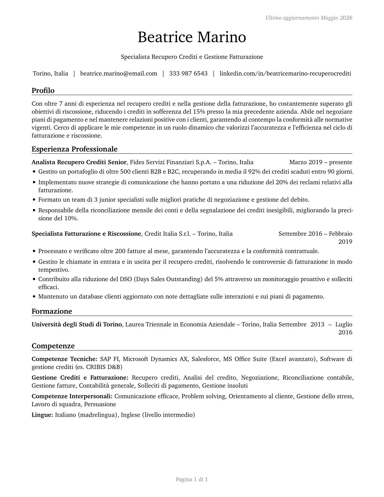 Bill and Account Collectors CV in Italian — page 1