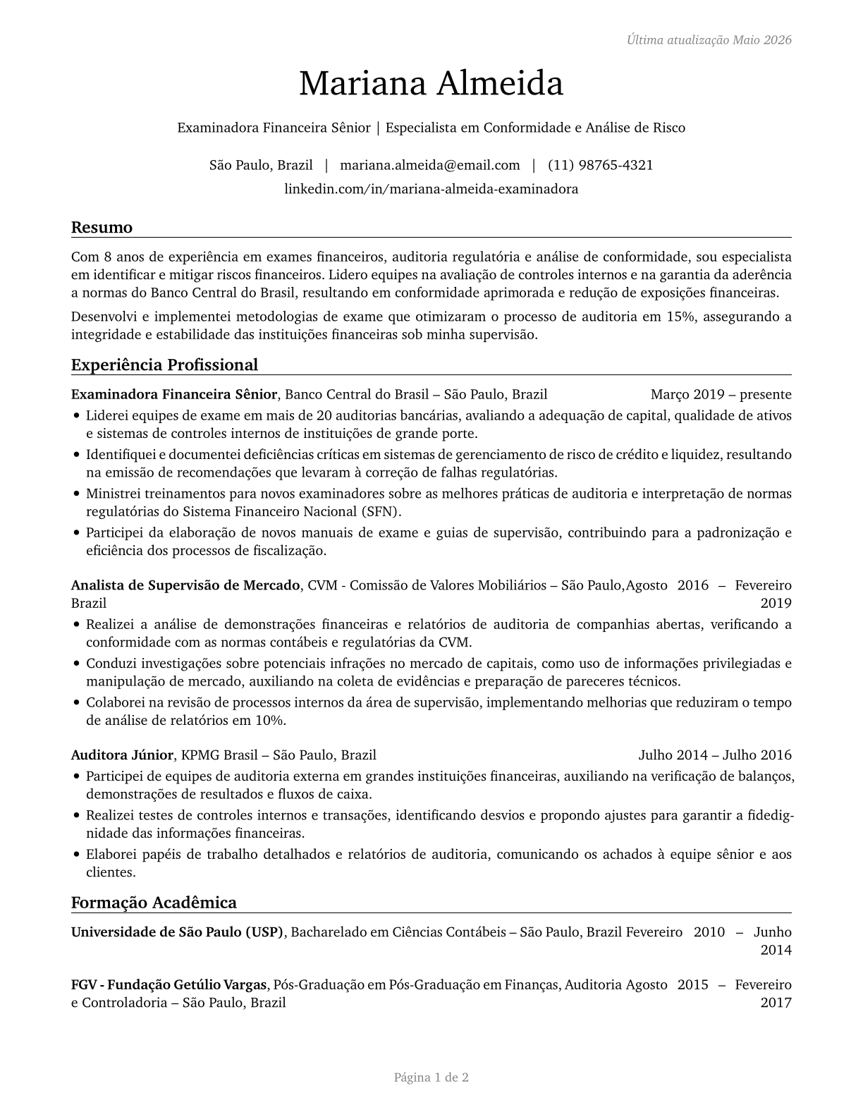Financial Examiners CV in Portuguese — page 1