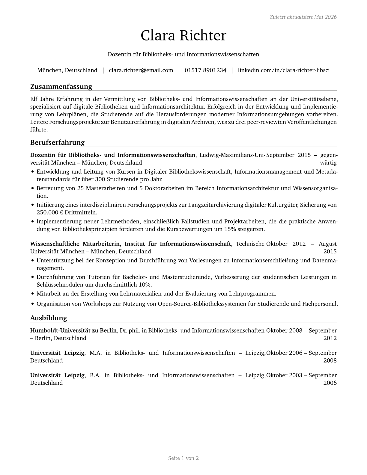 Library Science Teachers, Postsecondary CV in German — page 1