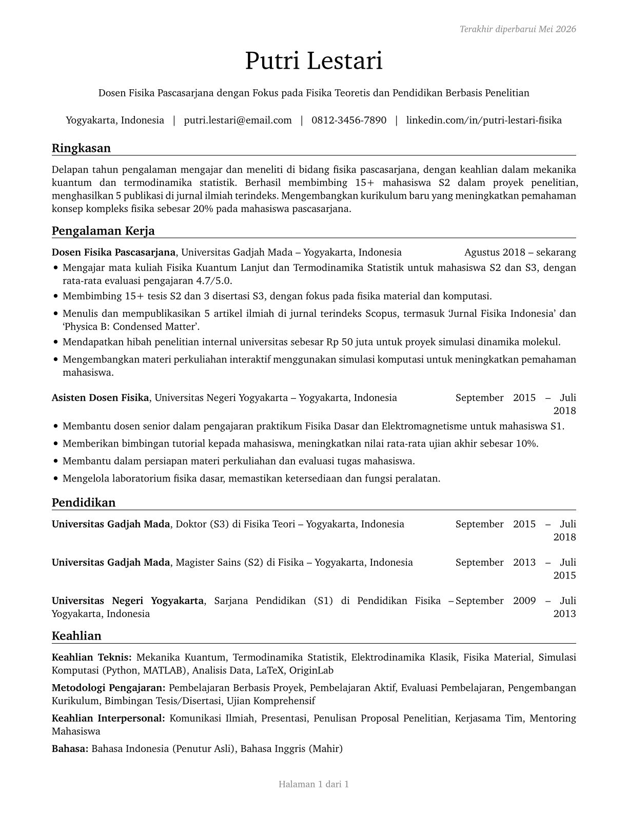 Physics Teachers, Postsecondary CV in Indonesian — page 1