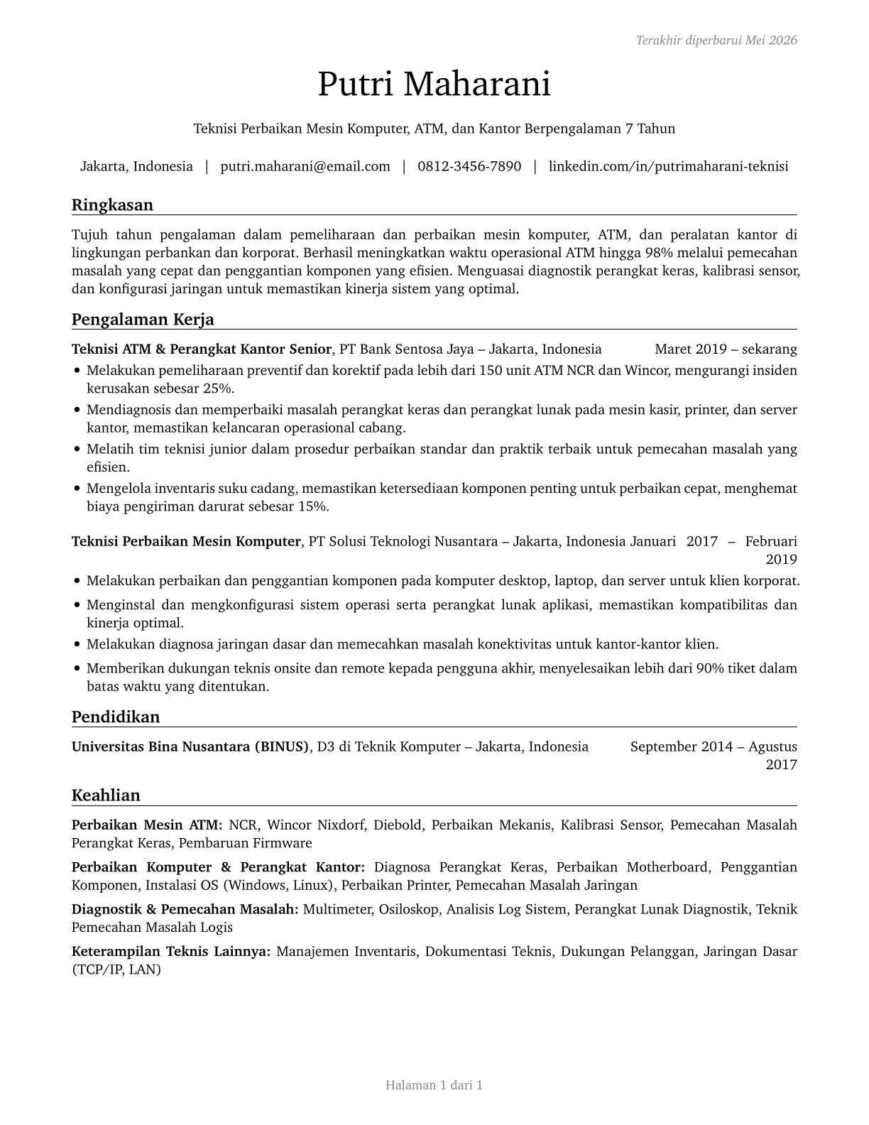 Computer, Automated Teller, and Office Machine Repairers CV in Indonesian — page 1