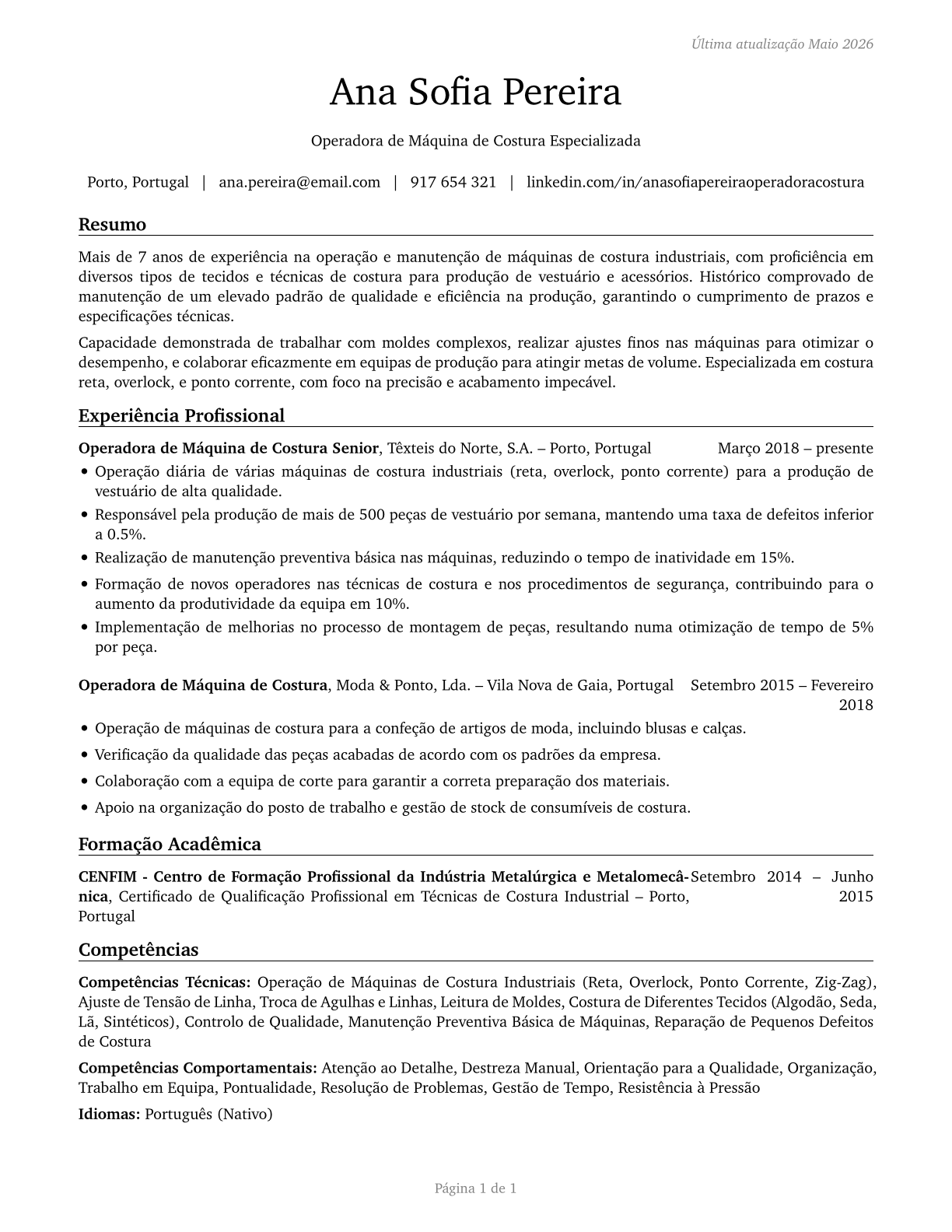 Sewing Machine Operators CV in Portuguese — page 1