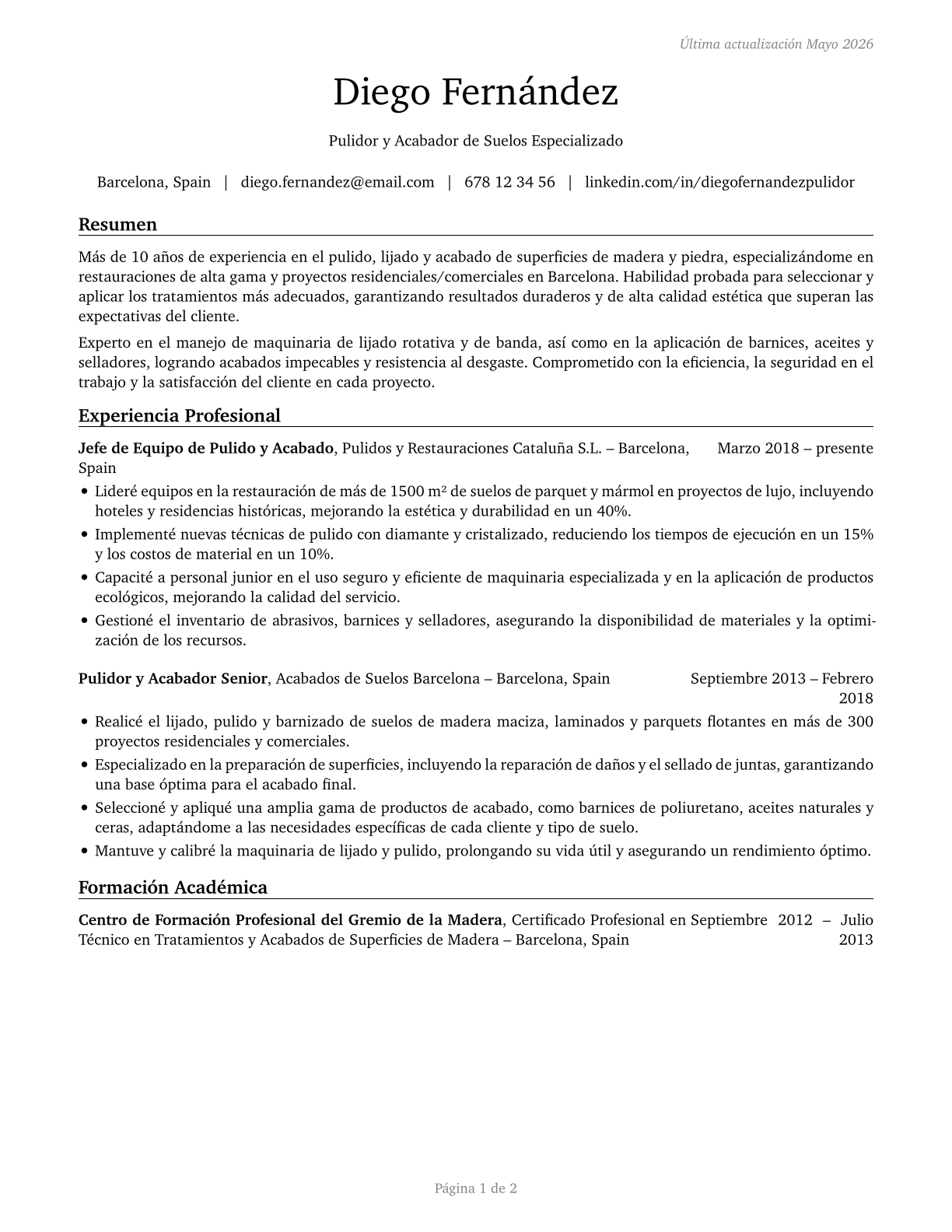 Floor Sanders and Finishers CV in Spanish — page 1