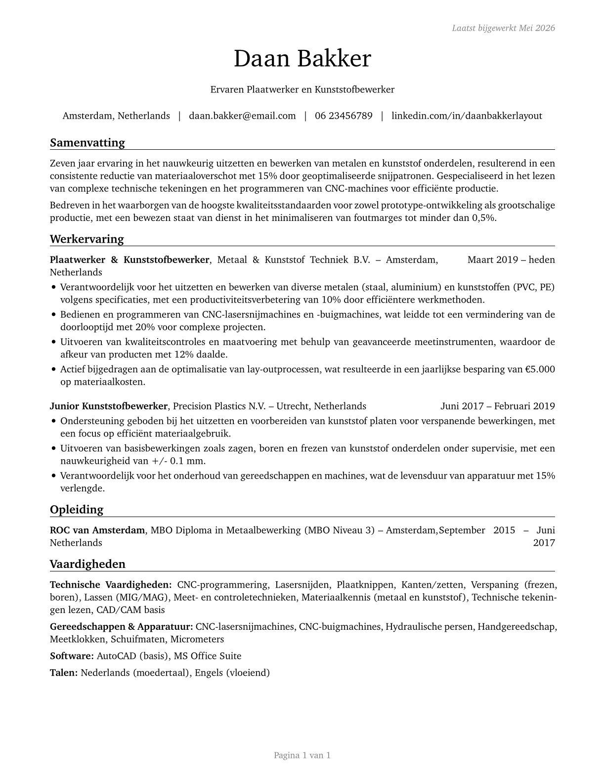 Layout Workers, Metal and Plastic CV in Dutch — page 1