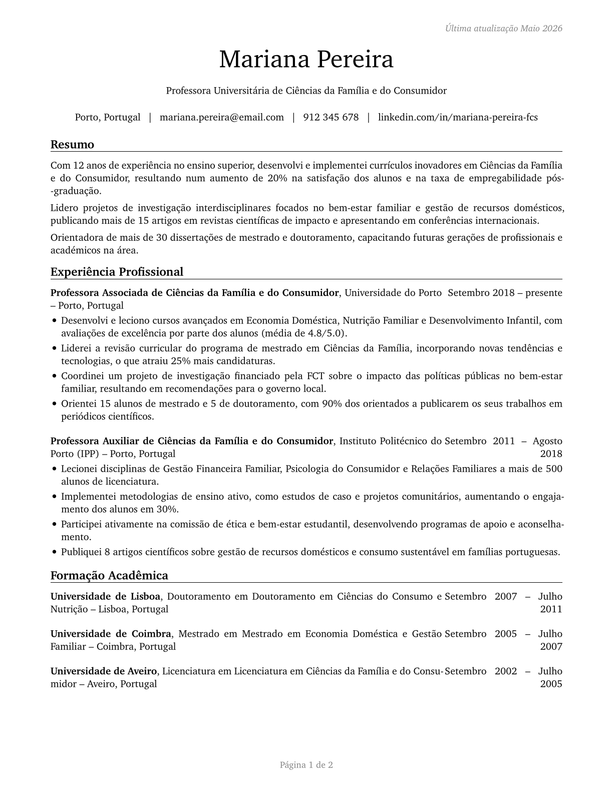 Family and Consumer Sciences Teachers, Postsecondary CV in Portuguese — page 1