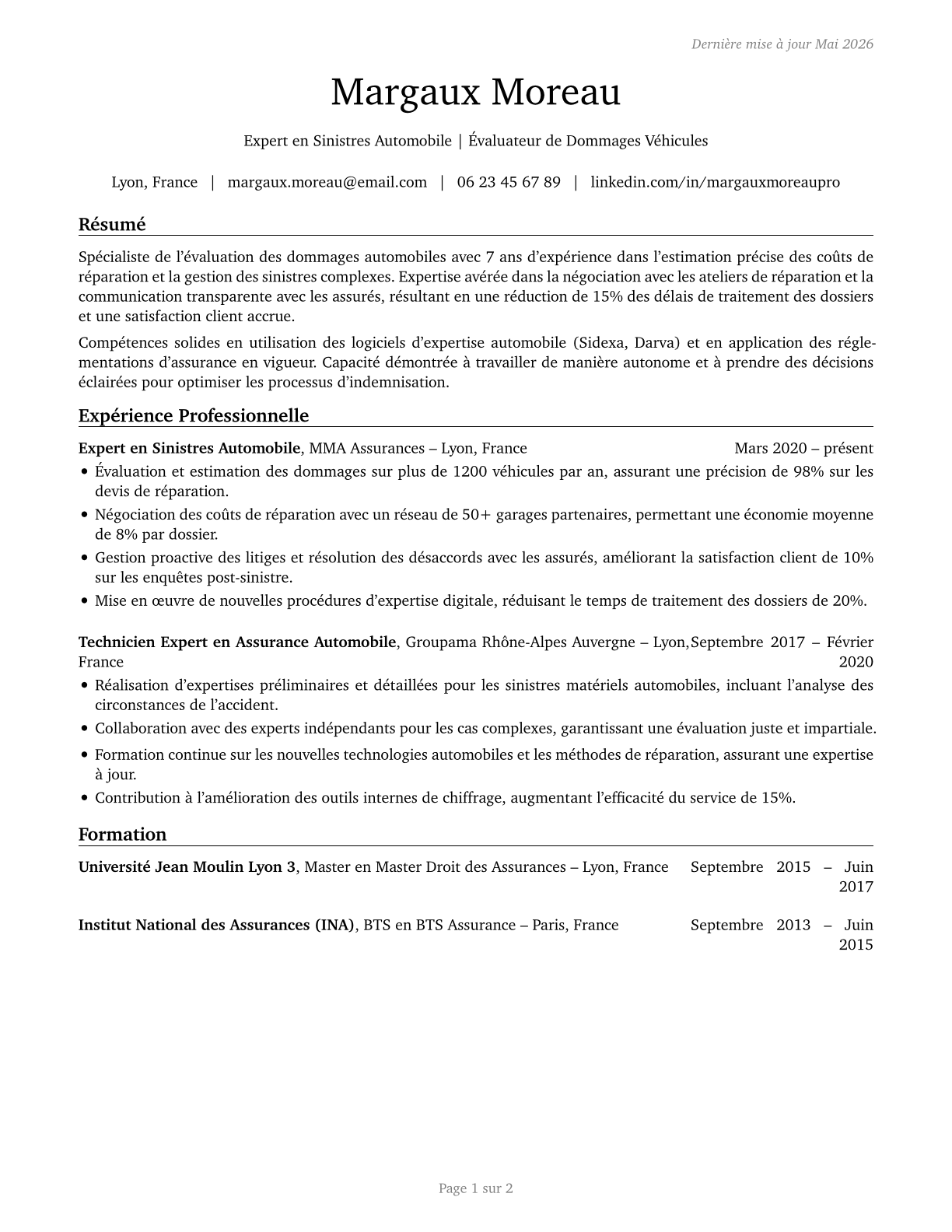 Insurance Appraisers, Auto Damage CV in French — page 1