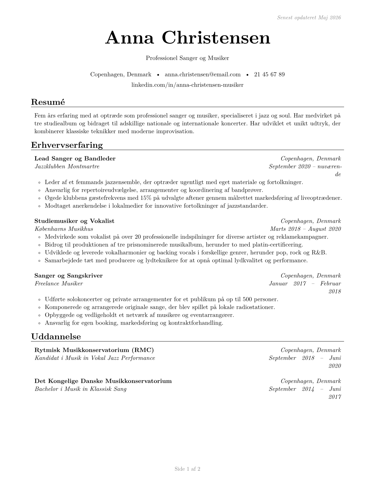 Musicians and Singers CV in Danish — page 1