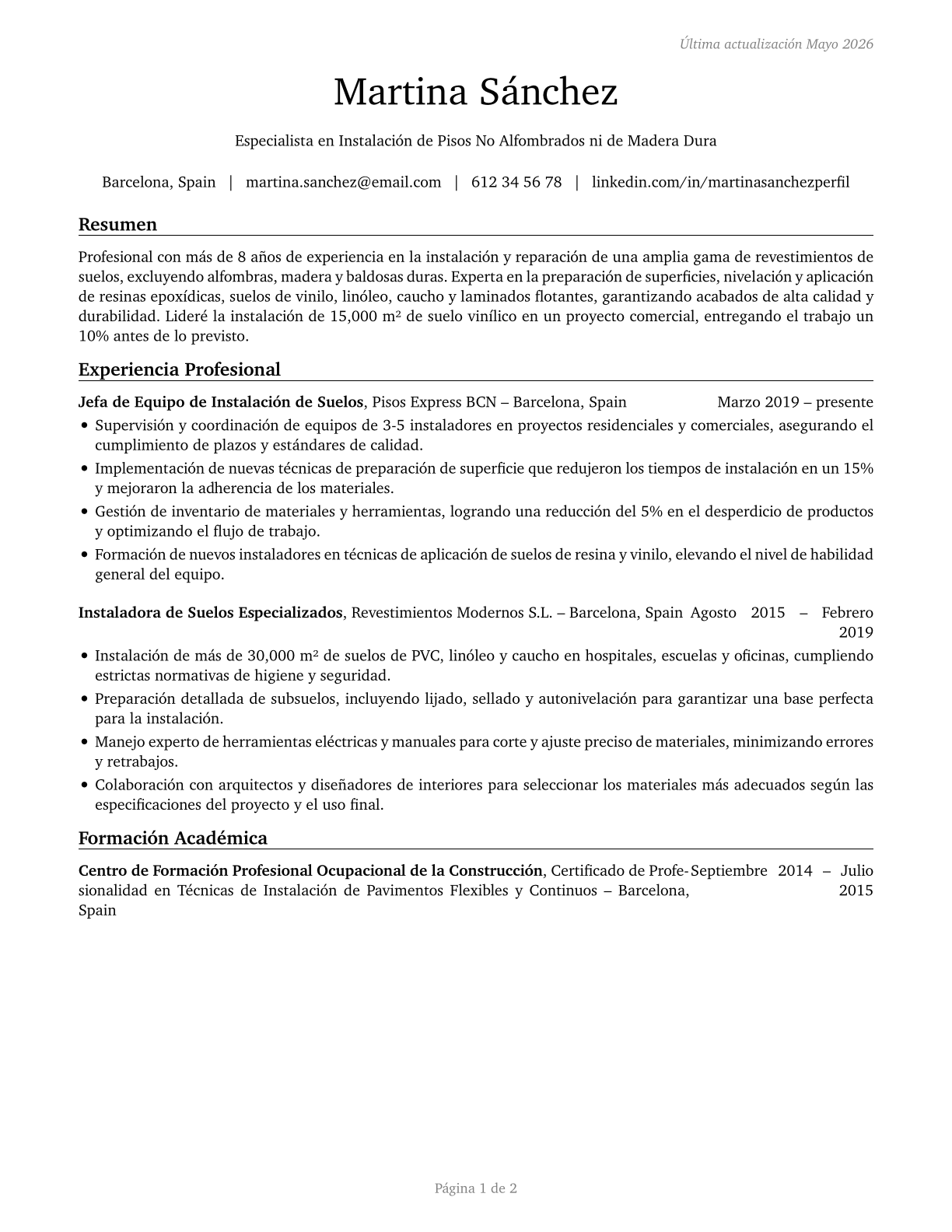 Floor Layers, Except Carpet, Wood, and Hard Tiles CV in Spanish — page 1