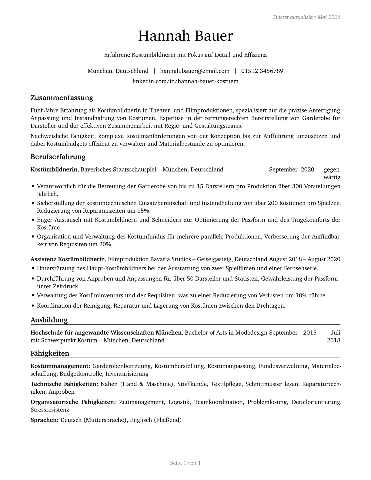 Costume Attendants CV in German — page 1