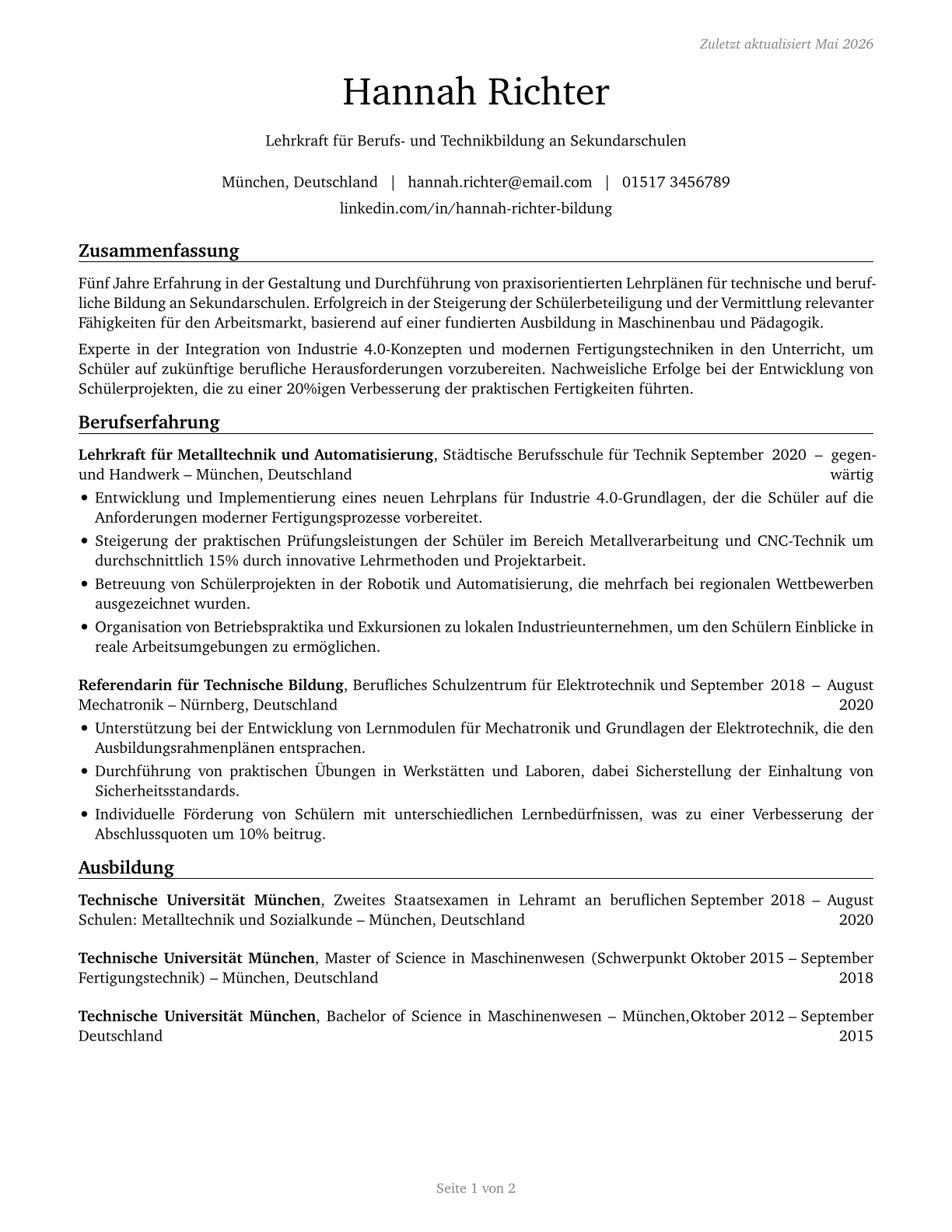 Career/Technical Education Teachers, Secondary School CV in German — page 1