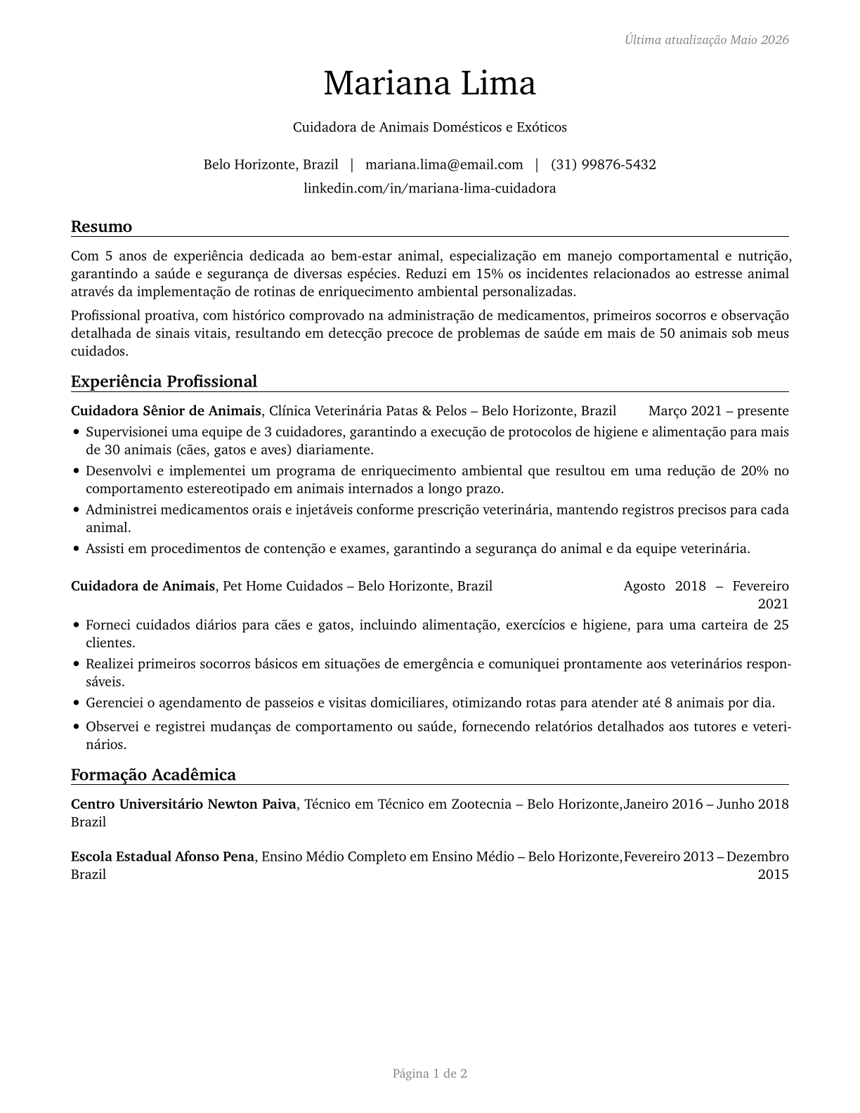 Animal Caretakers CV in Portuguese — page 1