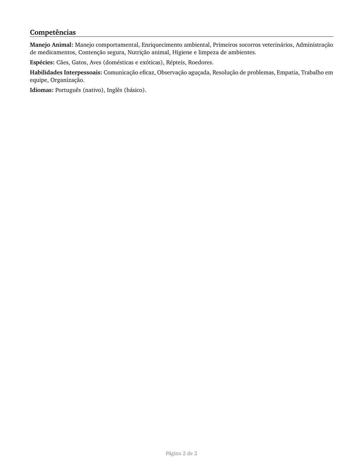 Animal Caretakers CV in Portuguese — page 2