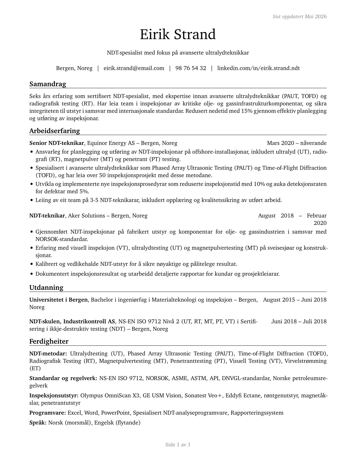 Non-Destructive Testing Specialists CV in Norwegian_nynorsk — page 1