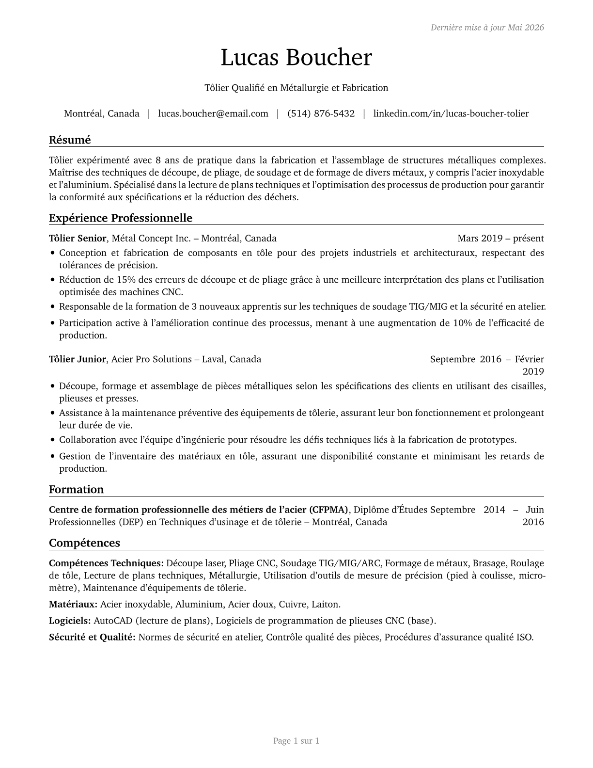 Sheet Metal Workers CV in French — page 1
