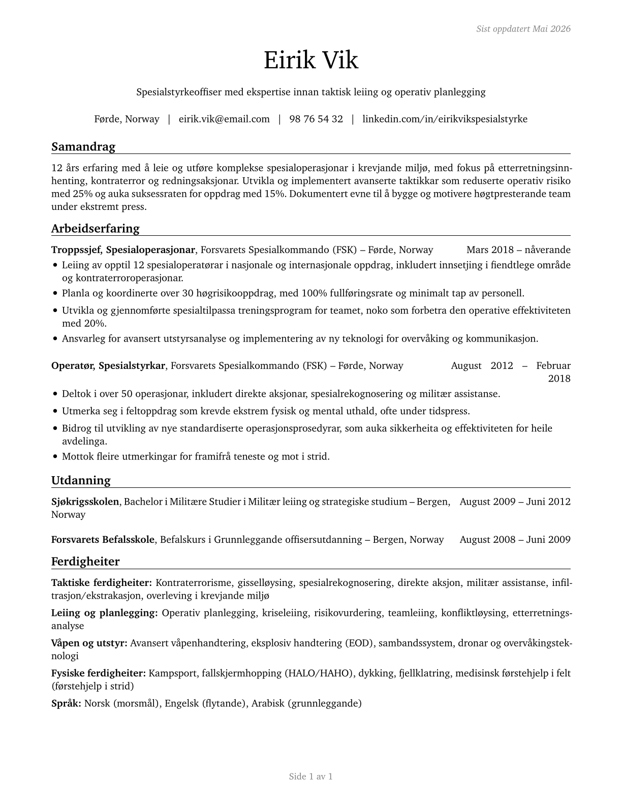 Special Forces Officers CV in Norwegian_nynorsk — page 1