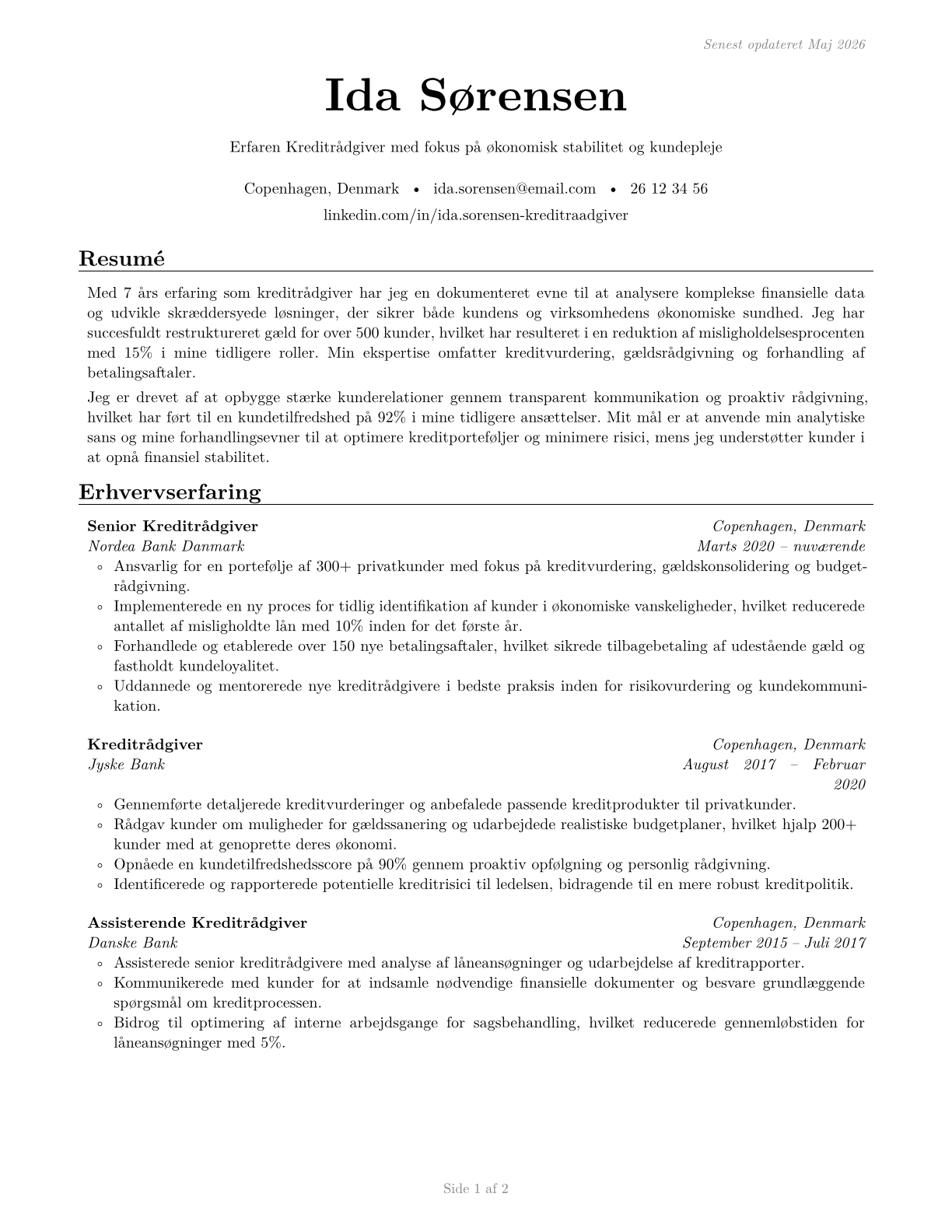 Credit Counselors CV in Danish — page 1