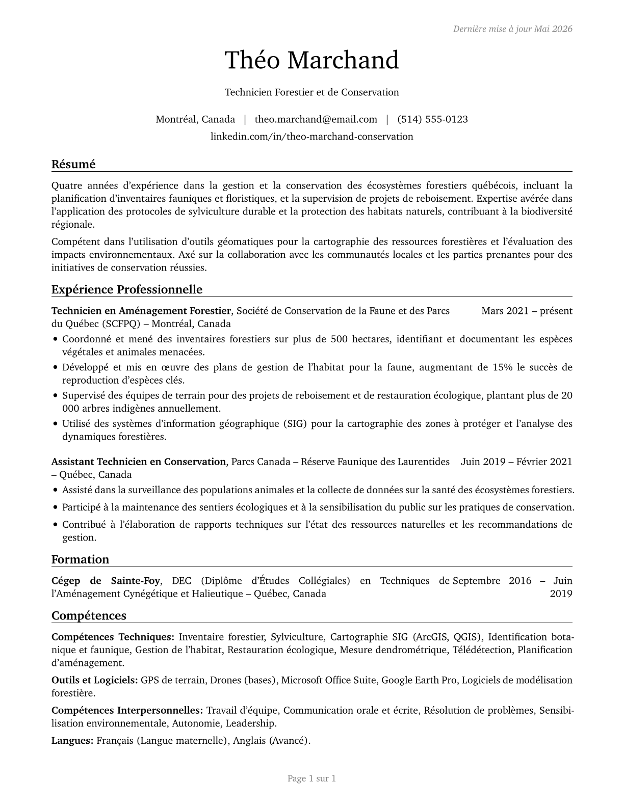 Forest and Conservation Technicians CV in French — page 1