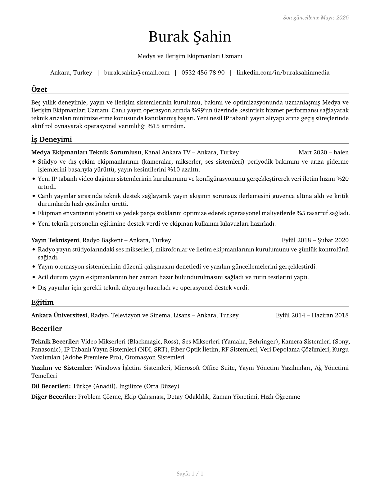 Media and Communication Equipment Workers, All Other CV in Turkish — page 1