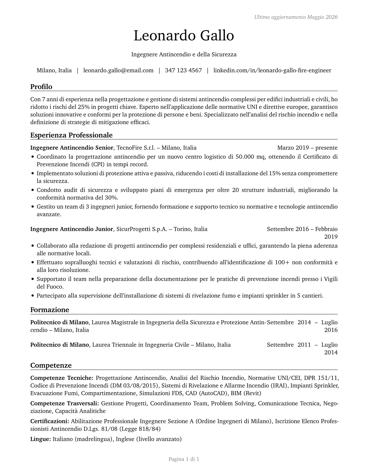 Fire-Prevention and Protection Engineers CV in Italian — page 1