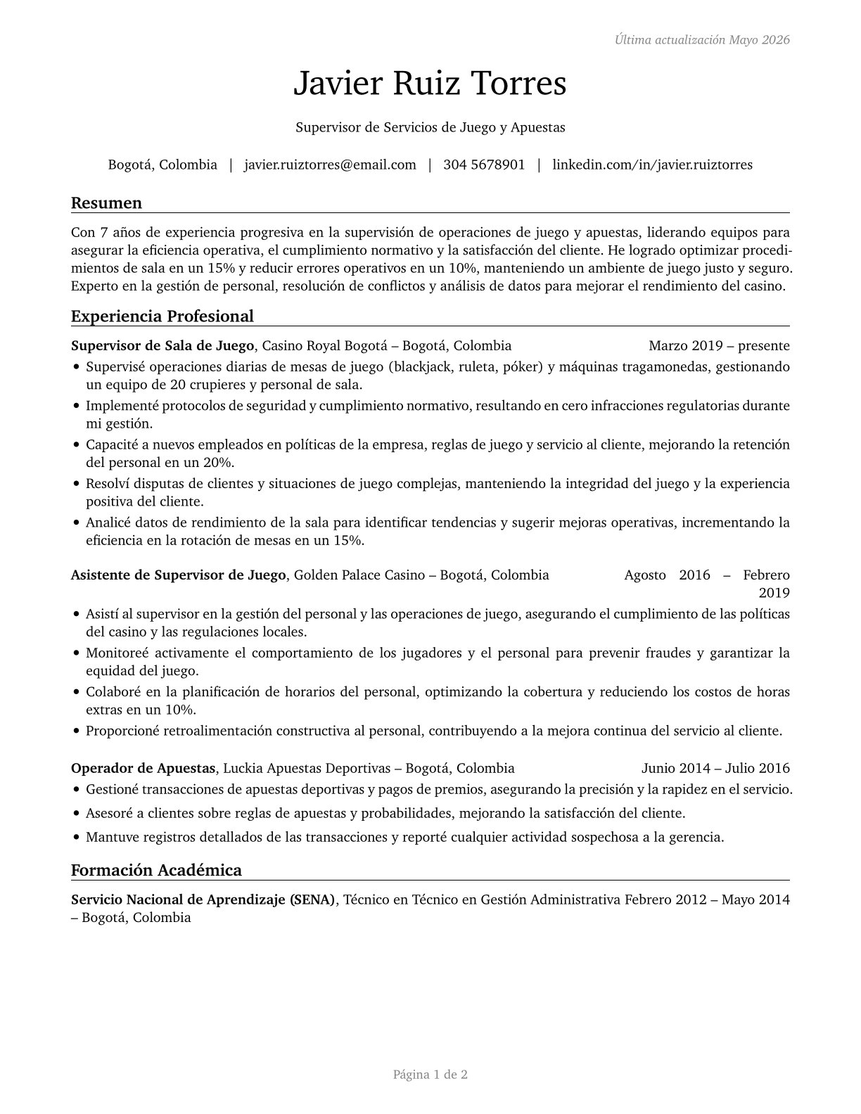 First-Line Supervisors of Gambling Services Workers CV in Spanish — page 1