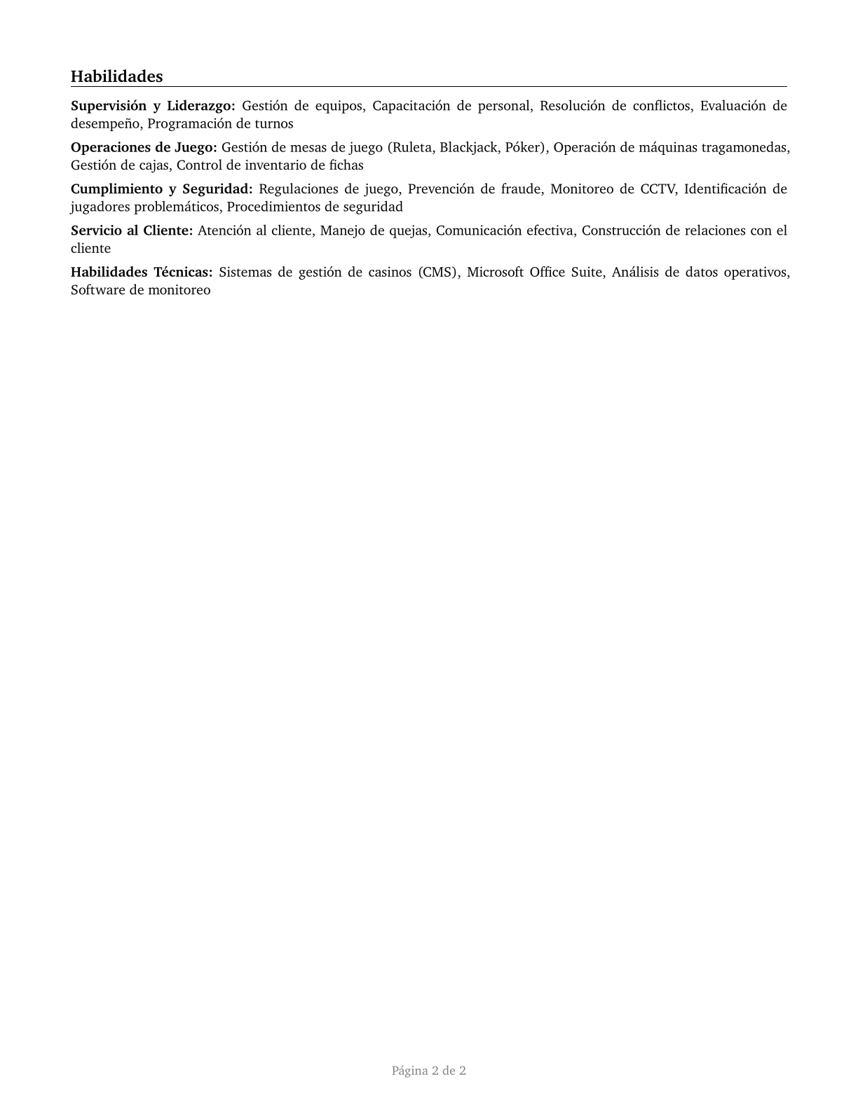 First-Line Supervisors of Gambling Services Workers CV in Spanish — page 2