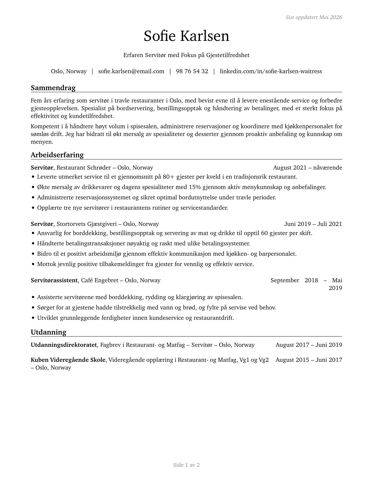 Waiters and Waitresses CV in Norwegian_bokmal — page 1