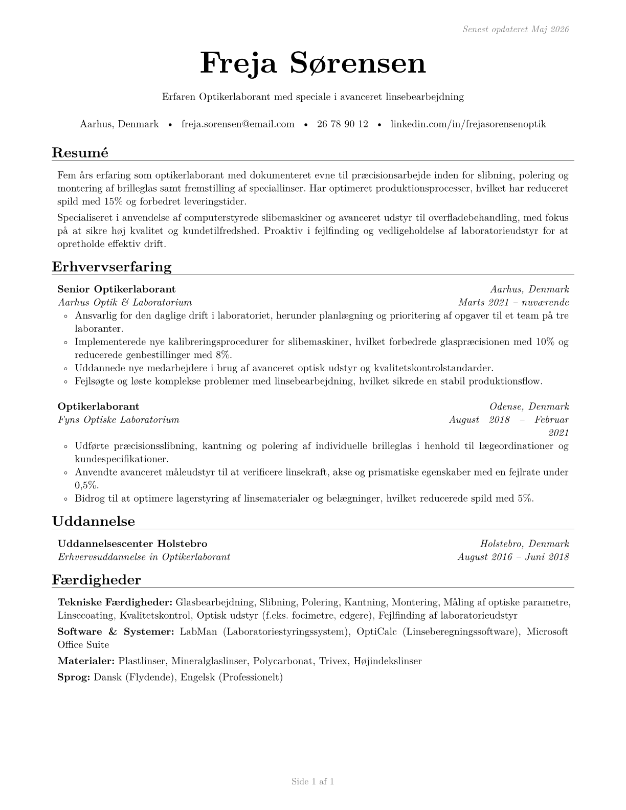 Ophthalmic Laboratory Technicians CV in Danish — page 1