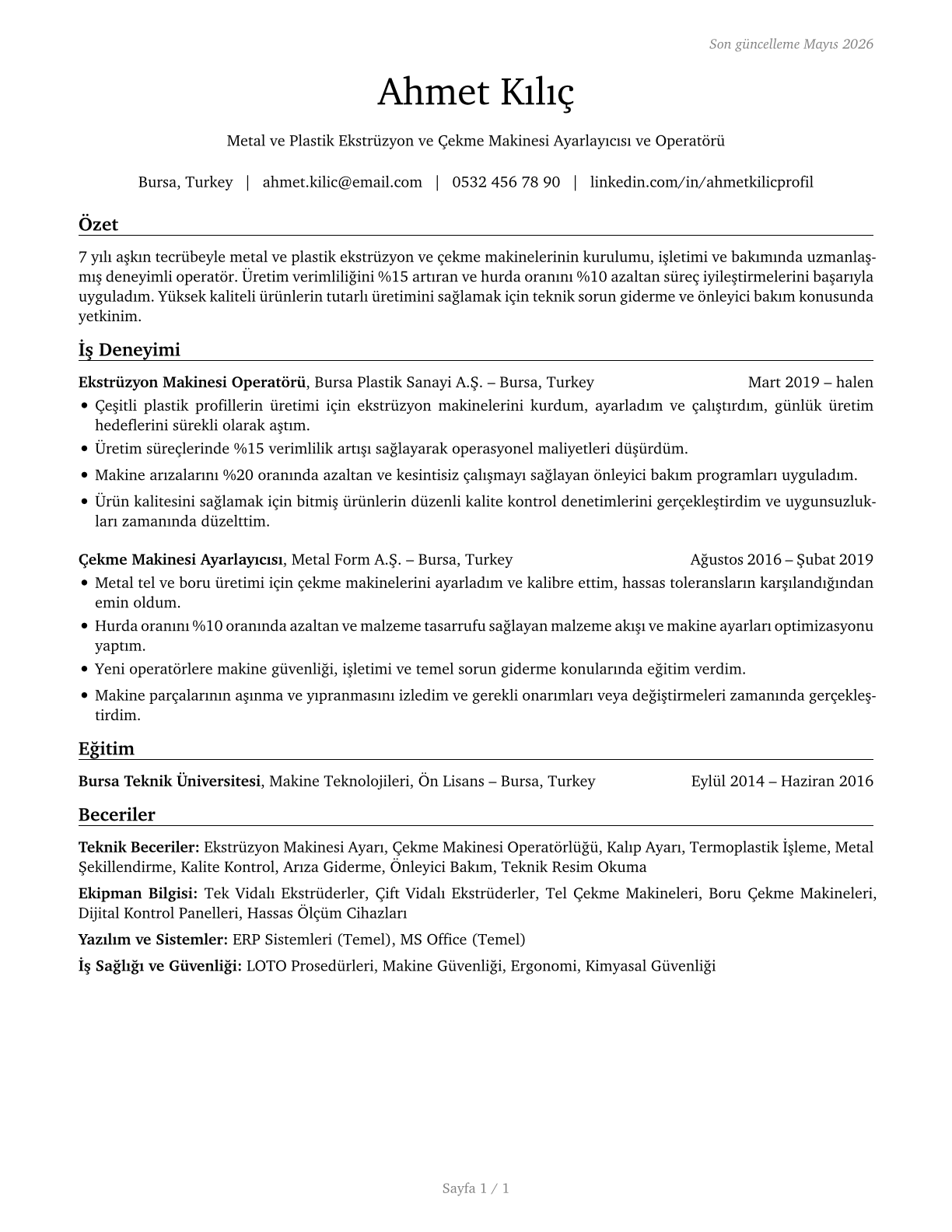 Extruding and Drawing Machine Setters, Operators, and Tenders, Metal and Plastic CV in Turkish — page 1