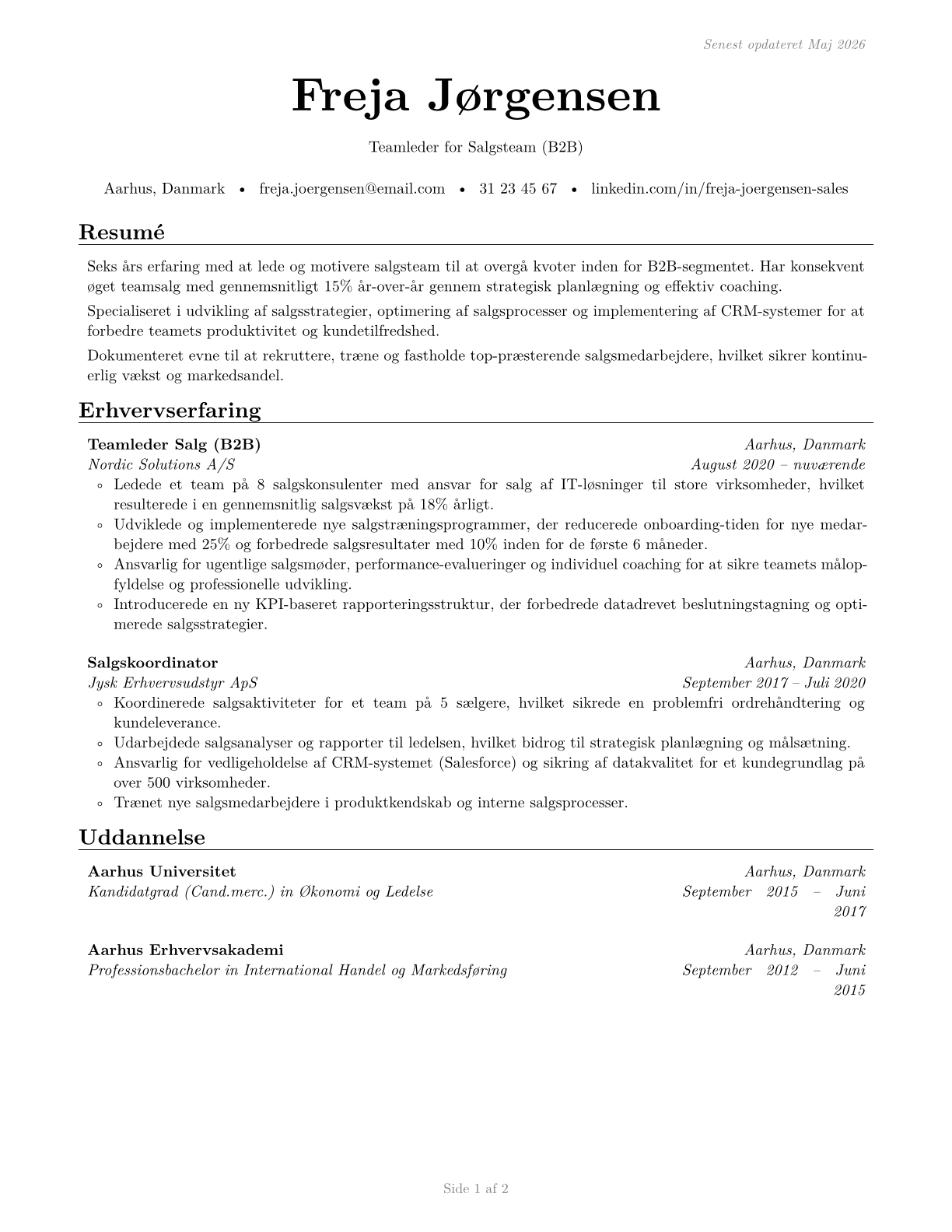First-Line Supervisors of Non-Retail Sales Workers CV in Danish — page 1