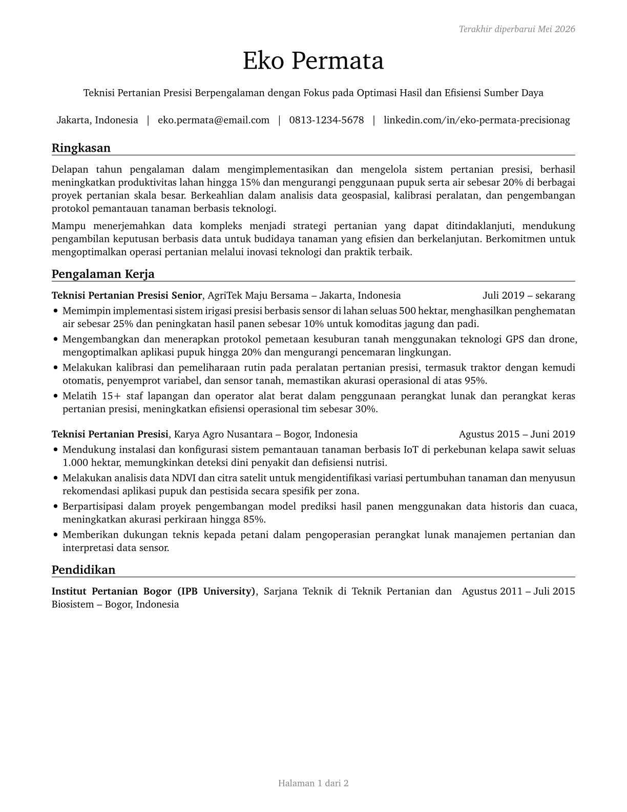 Precision Agriculture Technicians CV in Indonesian — page 1