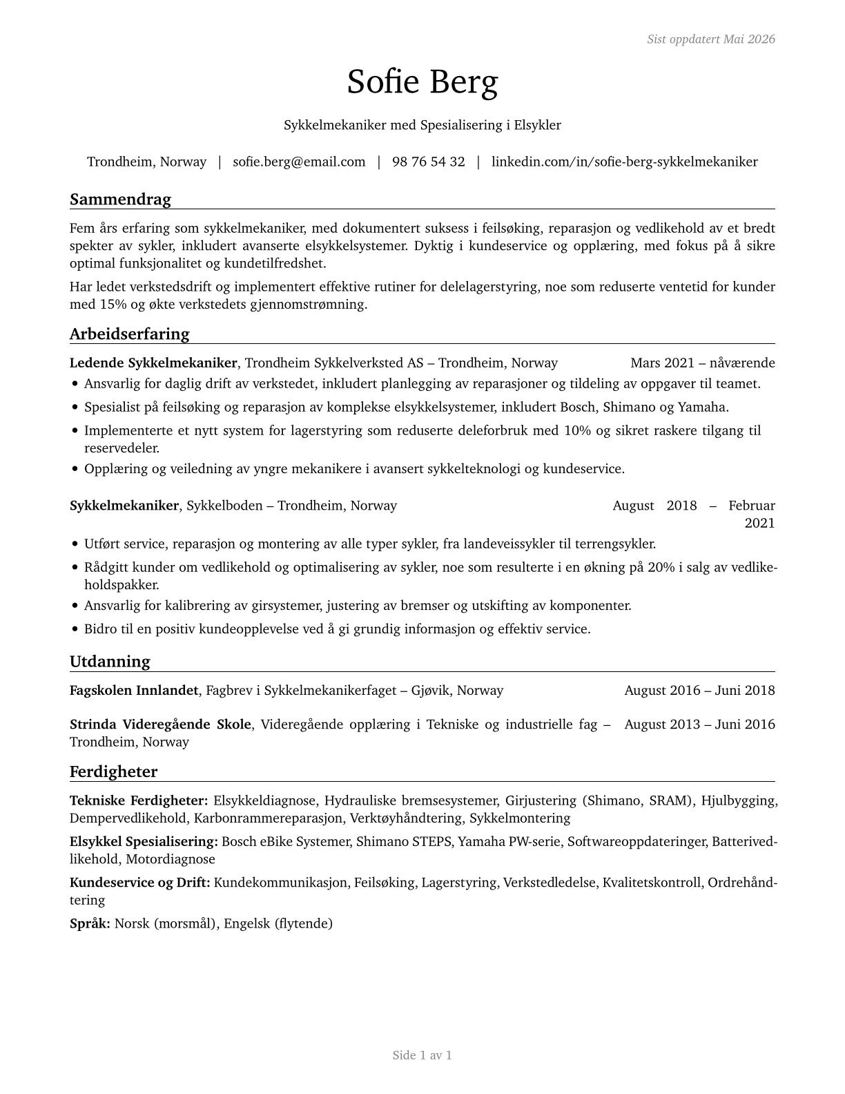 Bicycle Repairers CV in Norwegian_bokmal — page 1