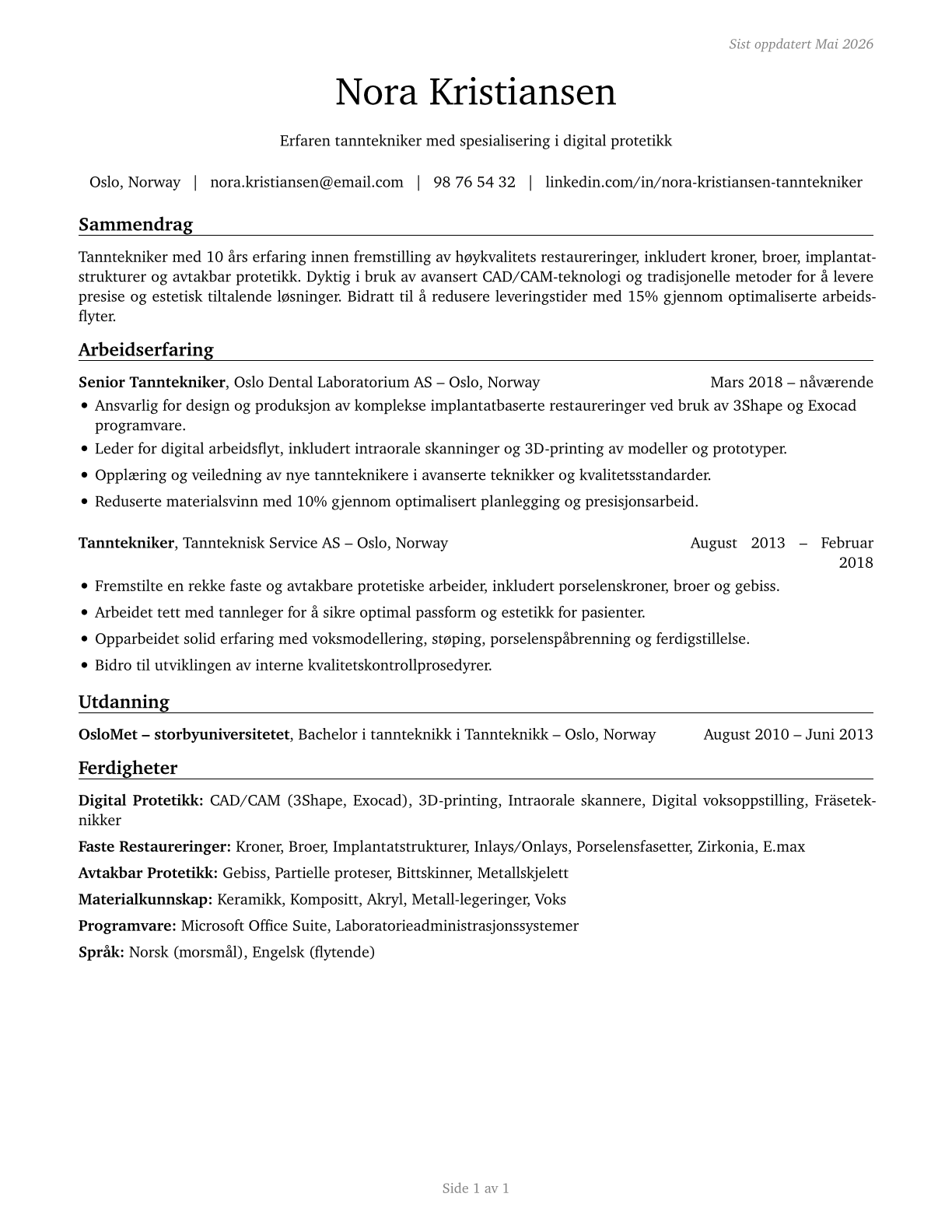 Dental Laboratory Technicians CV in Norwegian_bokmal — page 1