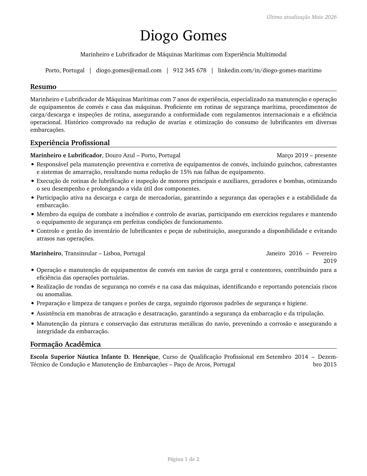 Sailors and Marine Oilers CV in Portuguese — page 1