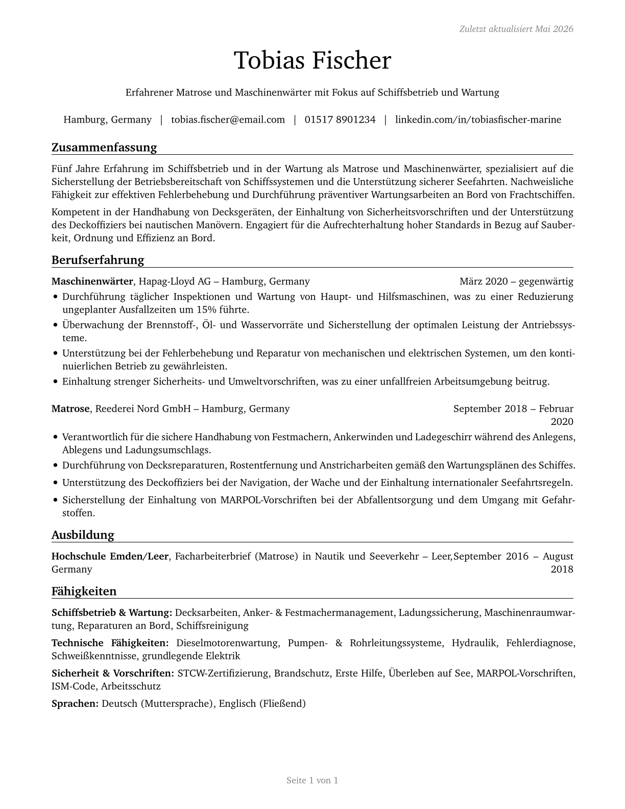 Sailors and Marine Oilers CV in German — page 1