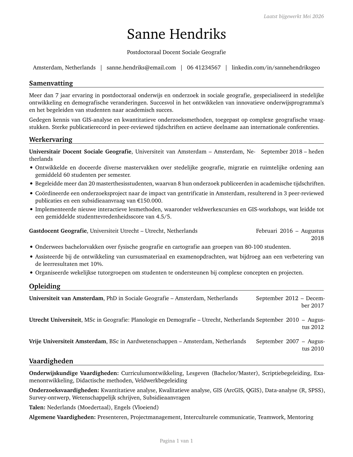 Geography Teachers, Postsecondary CV in Dutch — page 1