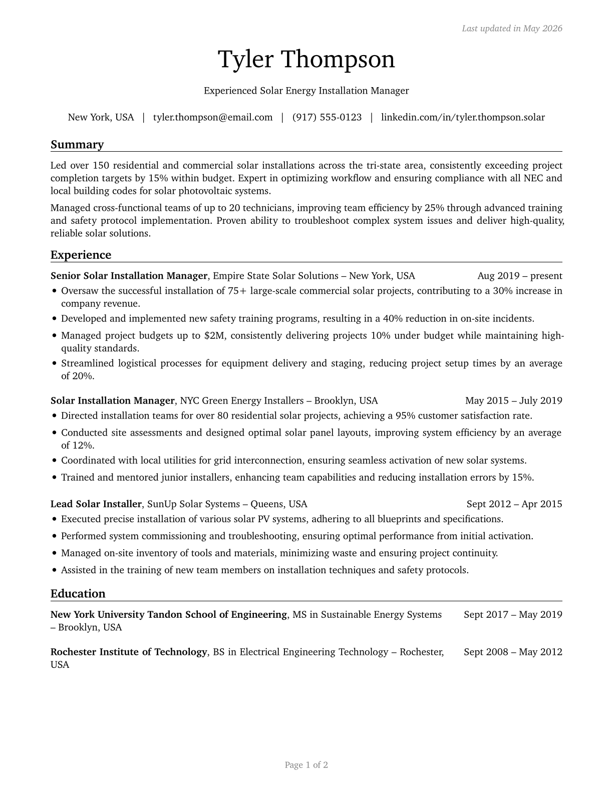 Solar Energy Installation Managers CV in English — page 1