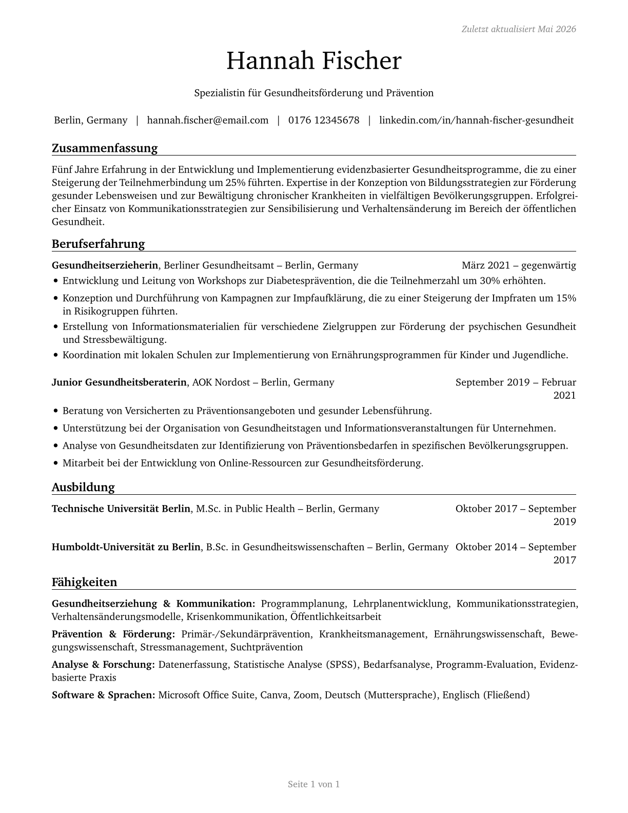 Health Education Specialists CV in German — page 1