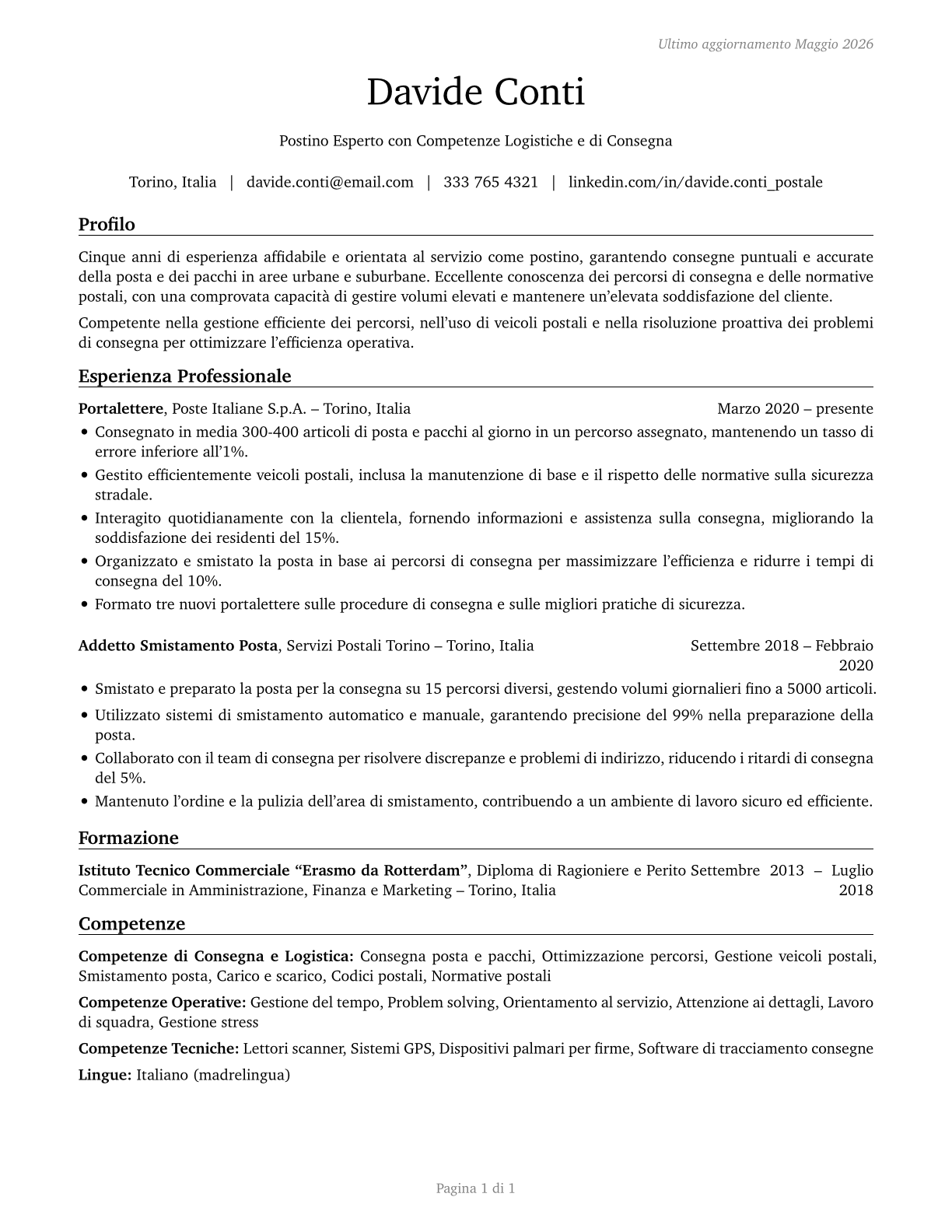 Postal Service Mail Carriers CV in Italian — page 1