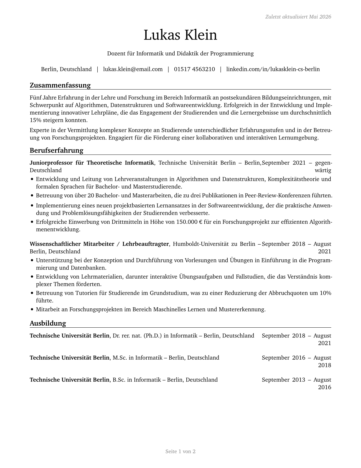 Computer Science Teachers, Postsecondary CV in German — page 1
