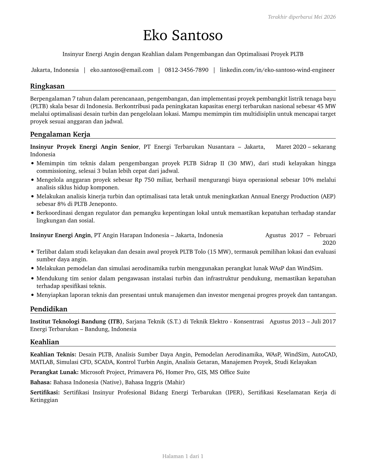 Wind Energy Engineers CV in Indonesian — page 1