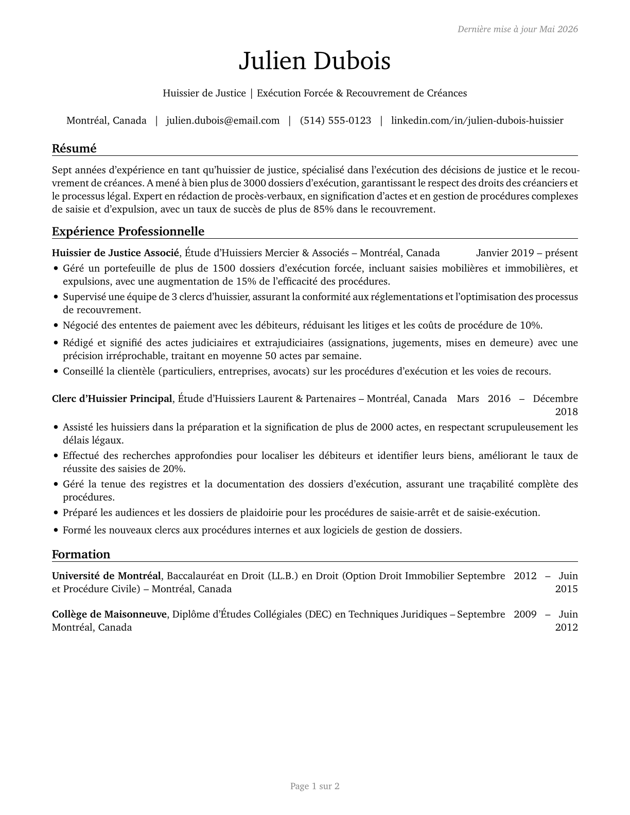 Bailiffs CV in French — page 1