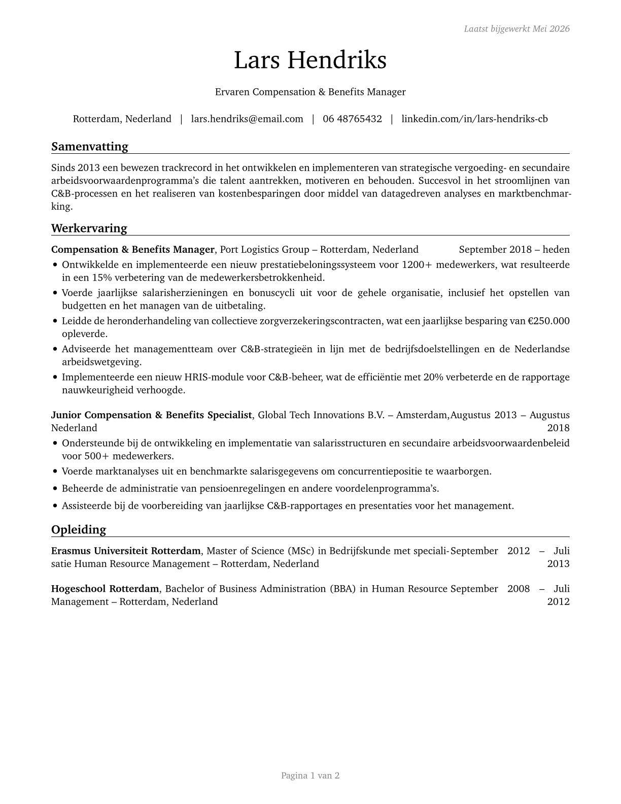 Compensation and Benefits Managers CV in Dutch — page 1