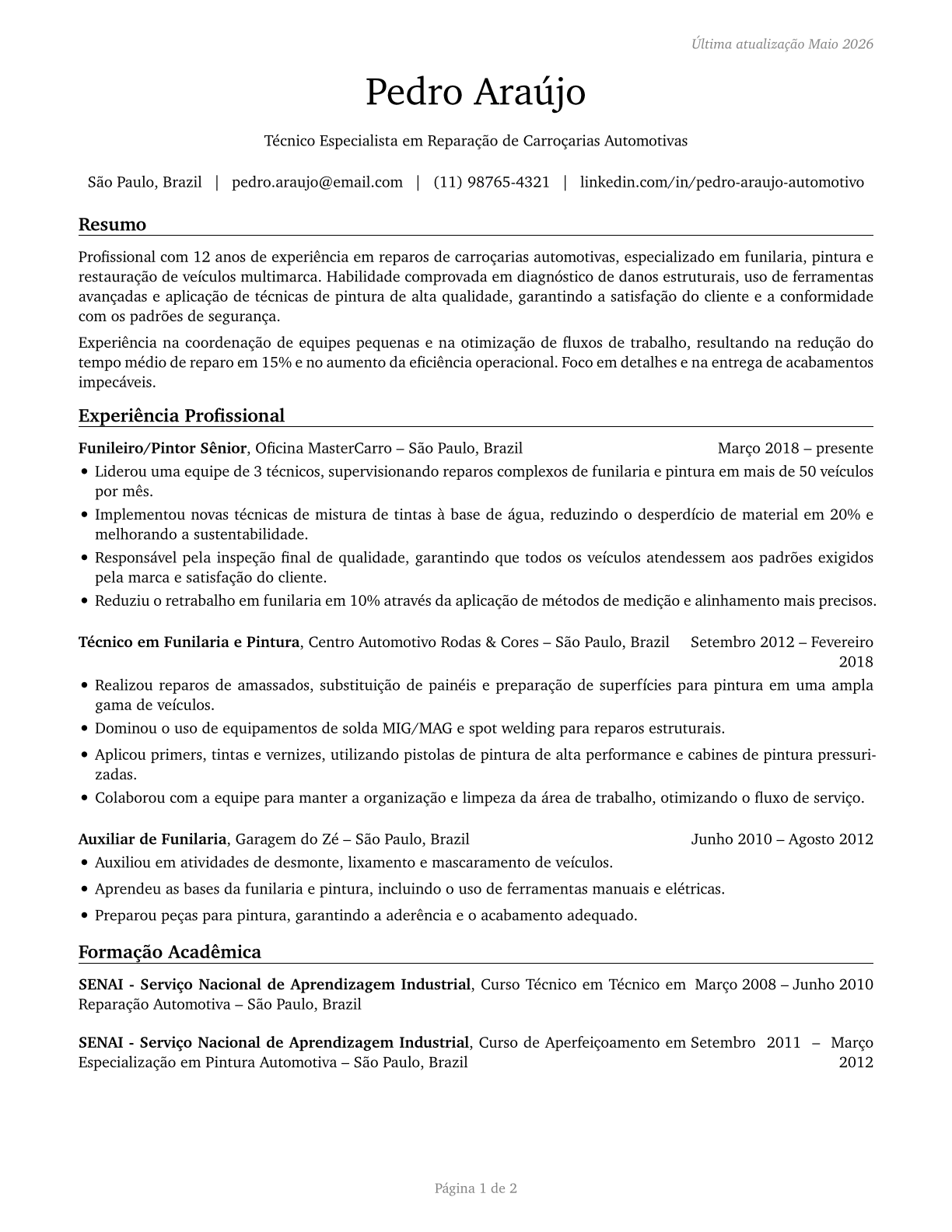 Automotive Body and Related Repairers CV in Portuguese — page 1