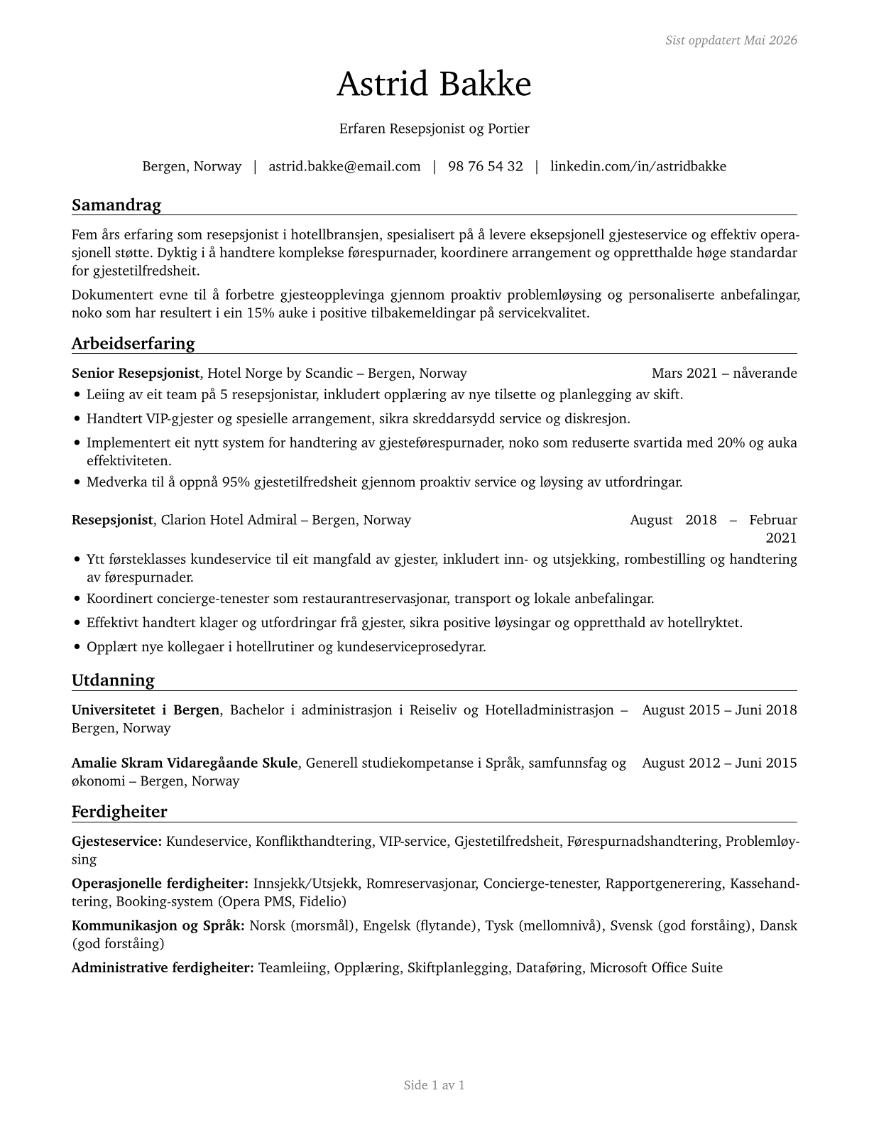 Concierges CV in Norwegian_nynorsk — page 1