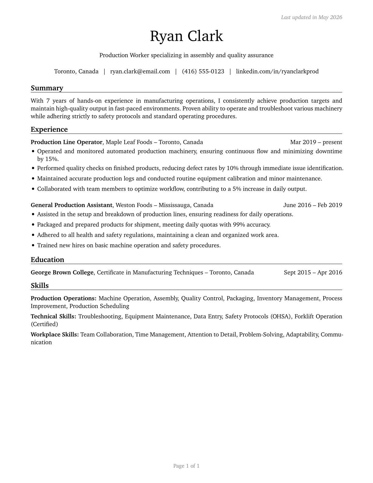 Production Workers, All Other CV in English — page 1