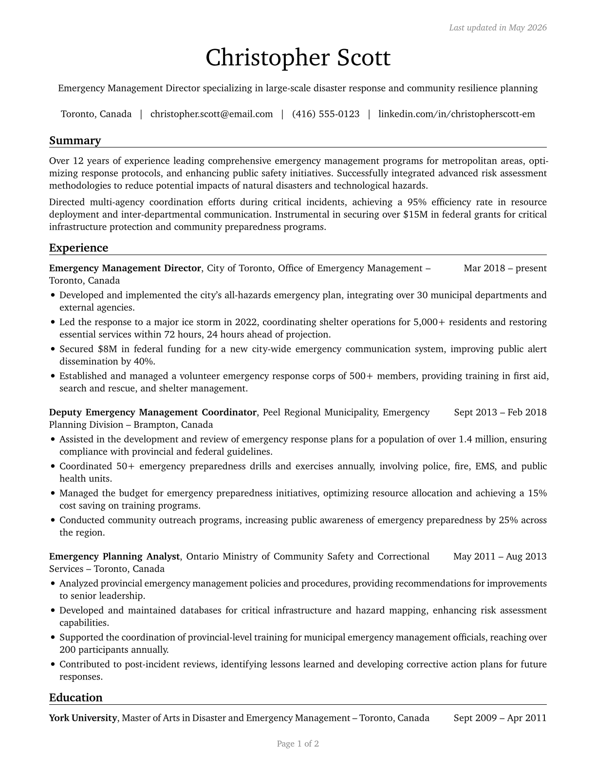 Emergency Management Directors CV in English — page 1
