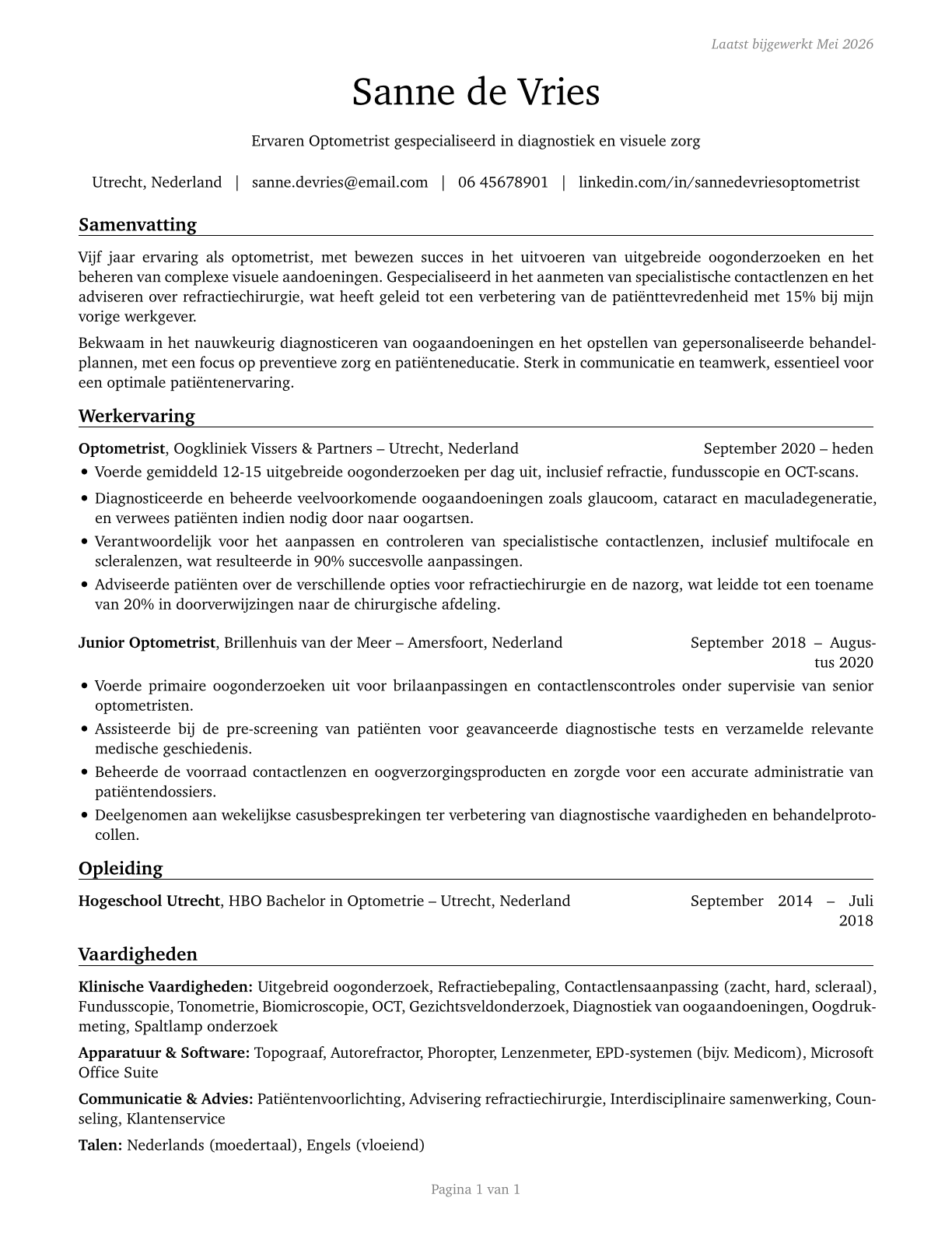Optometrists CV in Dutch — page 1