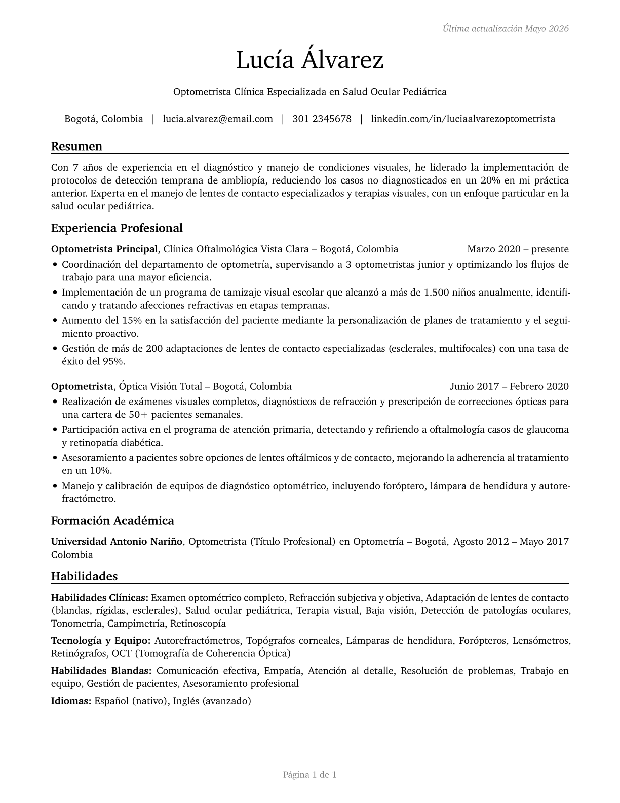 Optometrists CV in Spanish — page 1