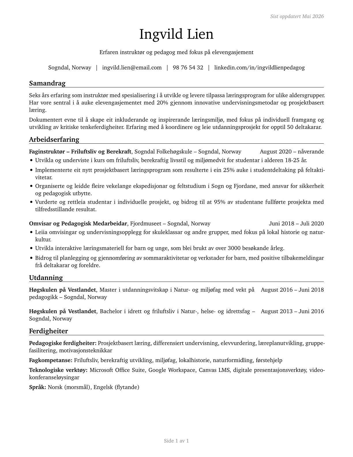 Teachers and Instructors, All Other CV in Norwegian_nynorsk — page 1